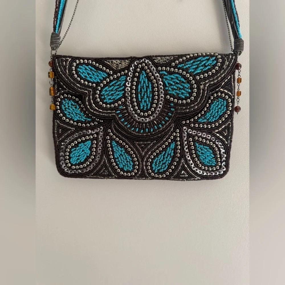 Ricki Designs Floral Beaded Chain Shoulder Strap Small Clutch Purse Turquoise